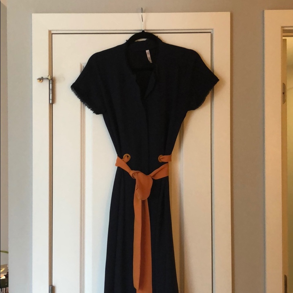 MANGO Navy Tea Length Button Up dress